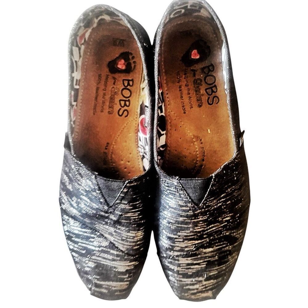Bob’s for Sketchers Black Silver Sparkle Glitter Slip On Flats Size 9